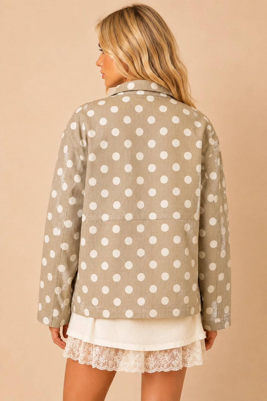 Taupe Polka Dot Twill Zip-Up Jacket