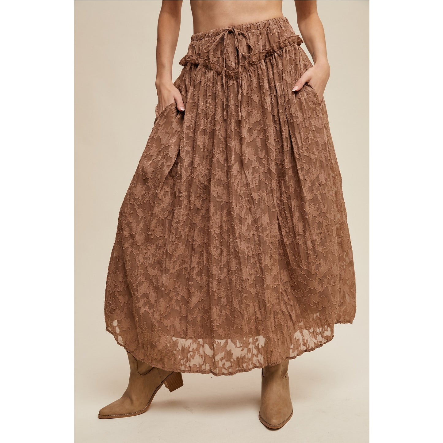 Brown Floral Textured Maxi Skirt