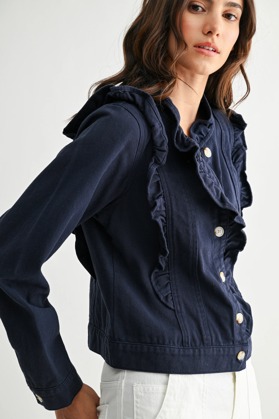 Navy Ruffled Button-Up Denim Jacket