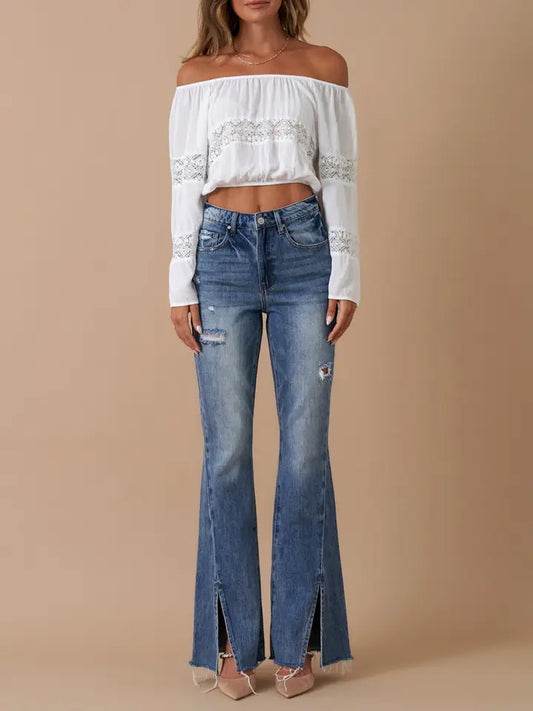 Insane Gene High Rise Front Slit Flare Distressed Denim