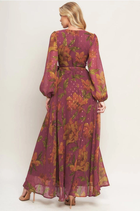 Dark Mauve Textured Floral Wrap Maxi Dress