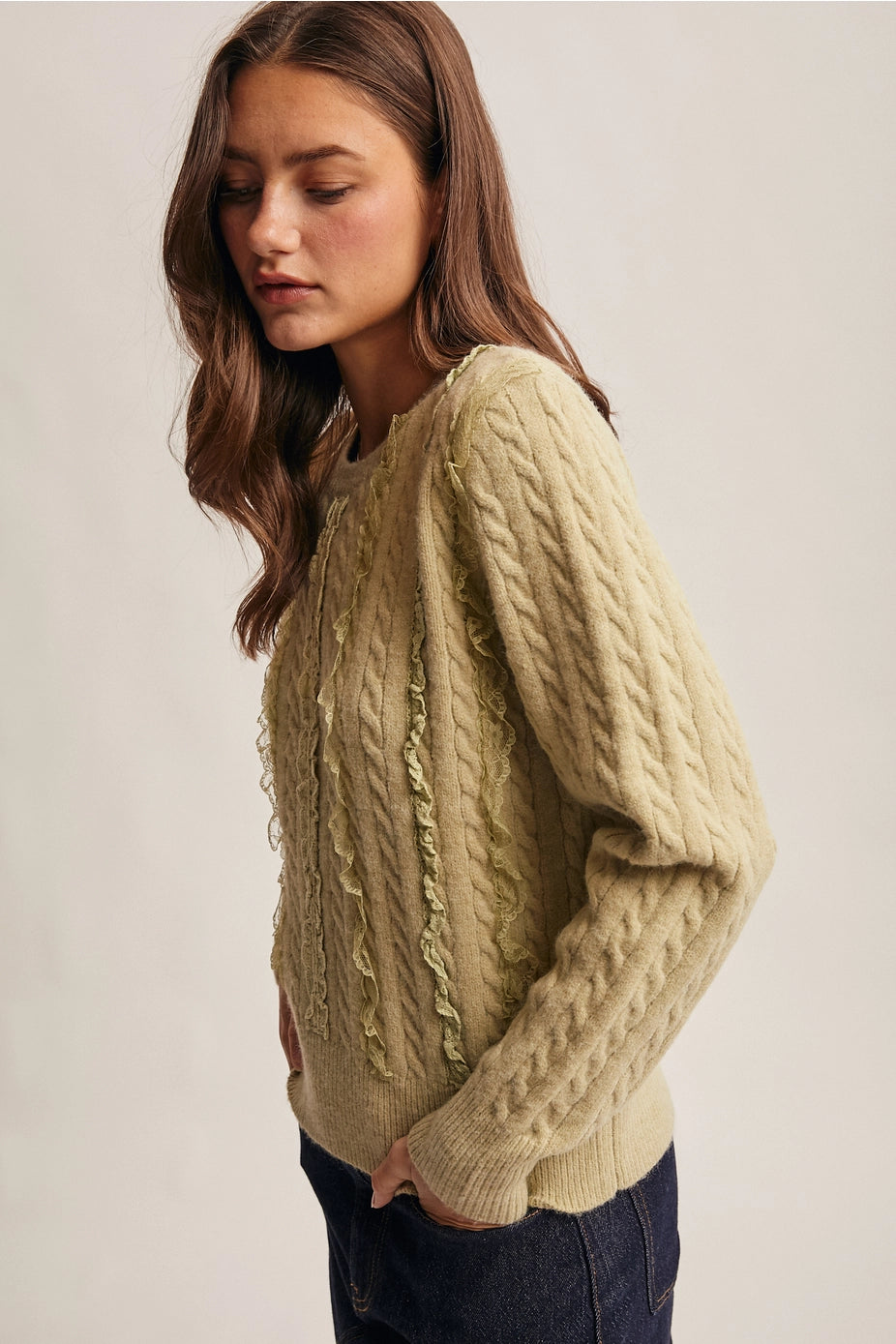 Matcha Lace Trim Cable Knit Pullover