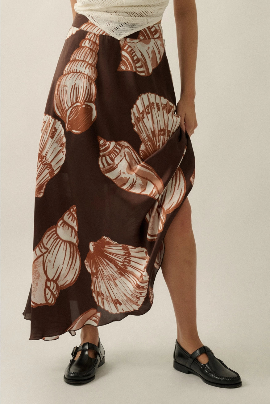 Seashell-Print Satin A-Line Maxi Skirt
