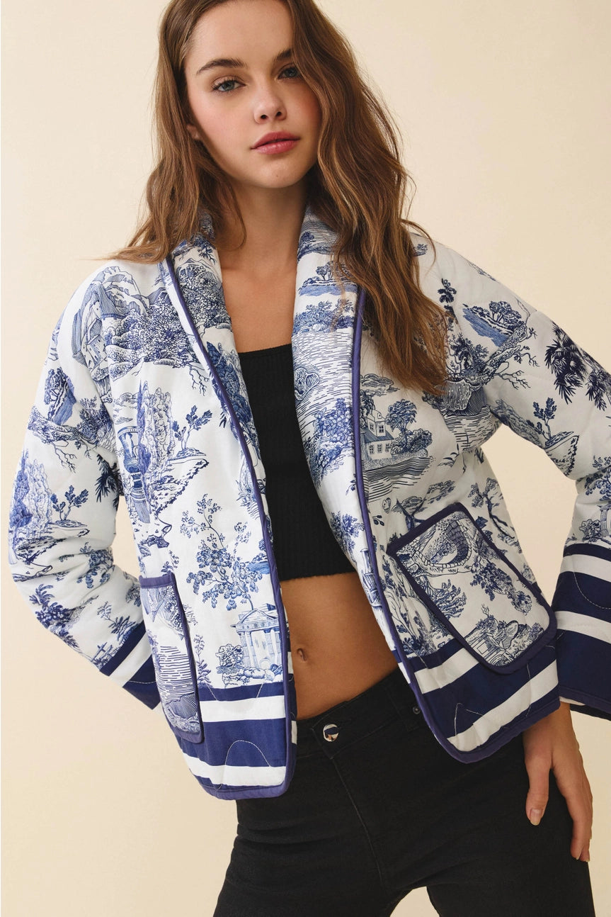 Toile Print Striped Accents Detachable Belt Jacket
