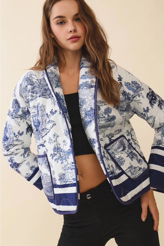 Toile Print Striped Accents Detachable Belt Jacket