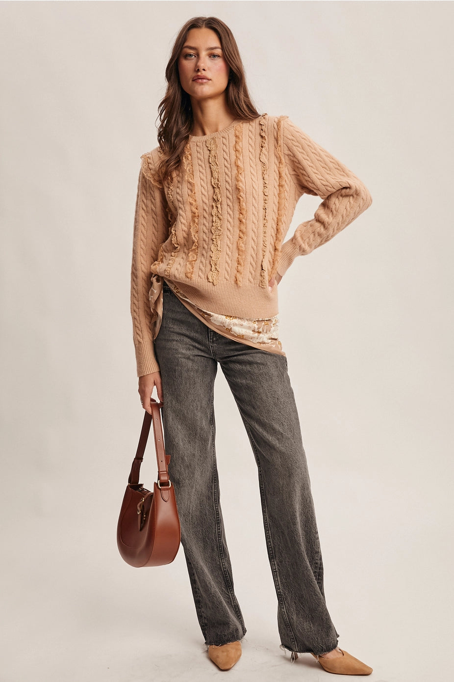 Oatmeal Lace Trim Cable Knit Pullover
