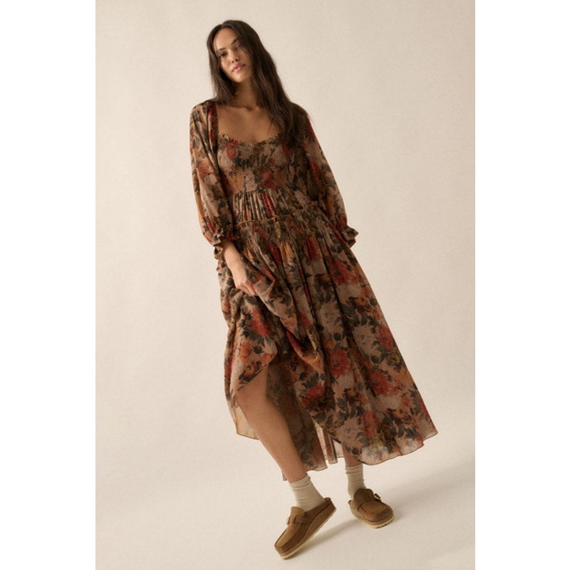 Sand Floral Smocked Three-Quarter Sleeve Maxi Dress