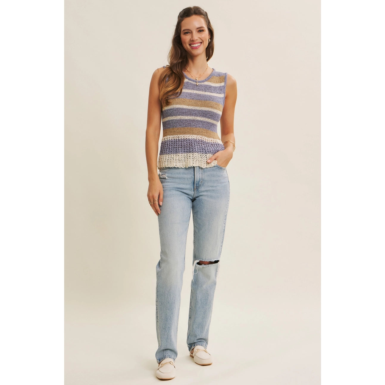 Dusty Blue Laid-Back Coastal Stripe Airy Sweater Knit Tank