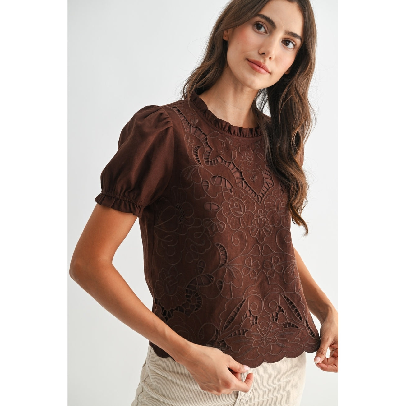 Embroidered Eyelet Blouse with Puff Sleeves