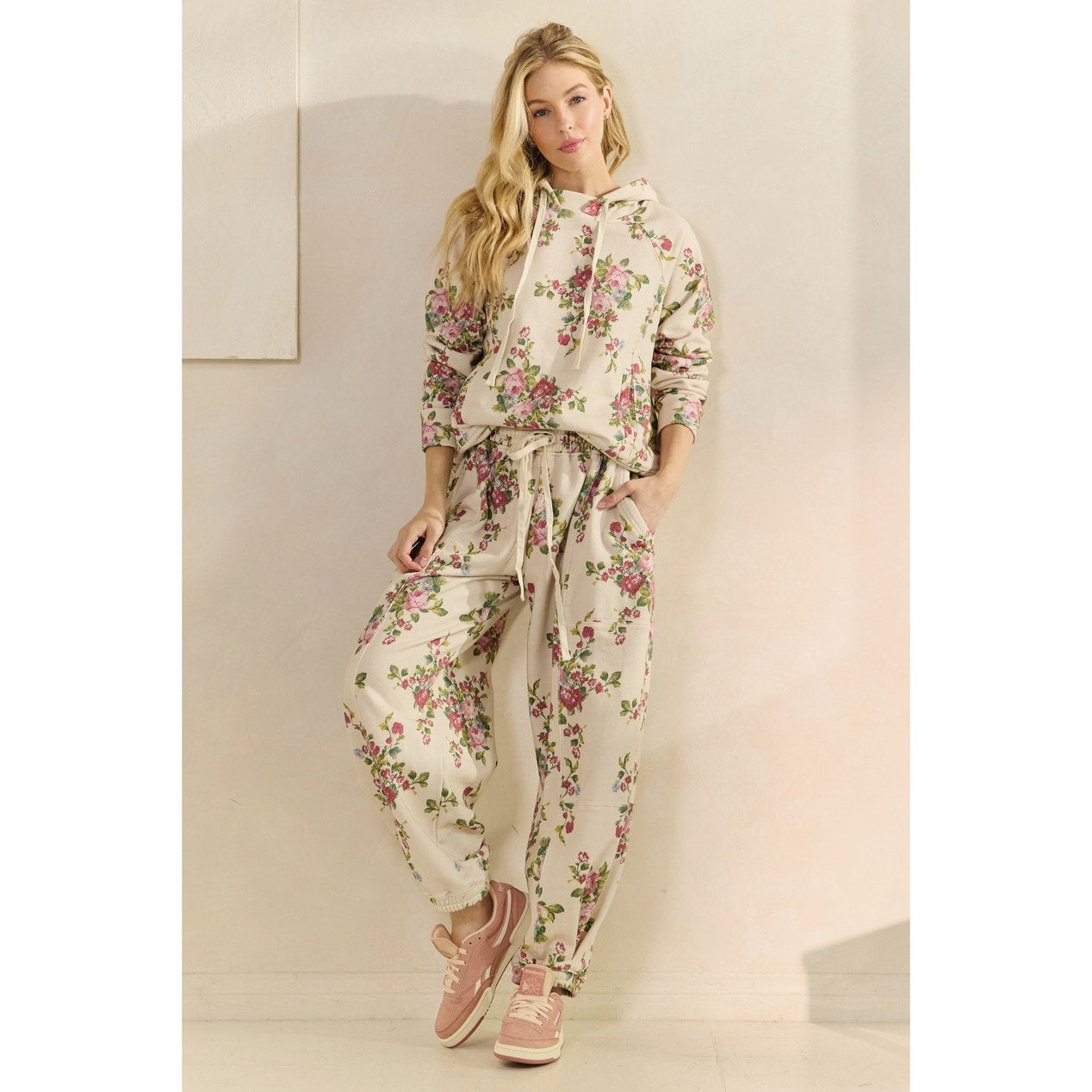 Beige Floral Printed French Terry Pants