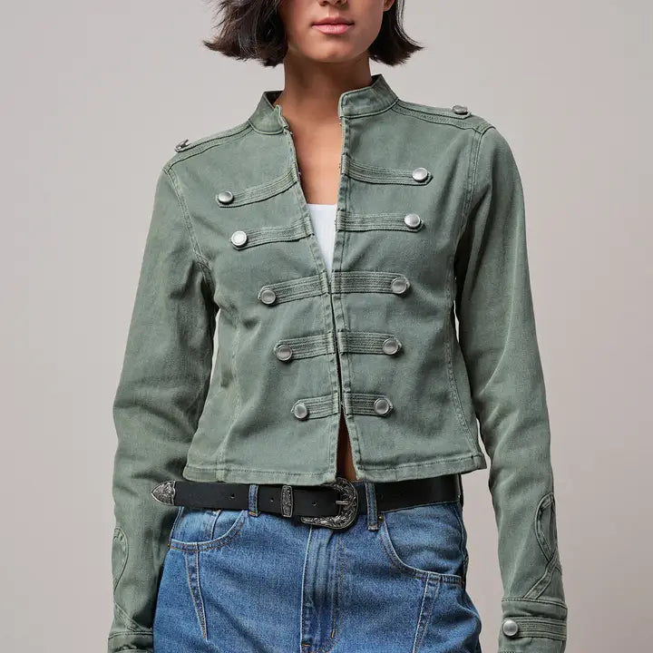Olive Military Double-Button Stretch Cotton Jacket