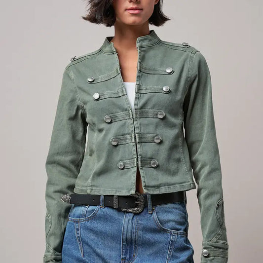 Olive Military Double-Button Stretch Cotton Jacket