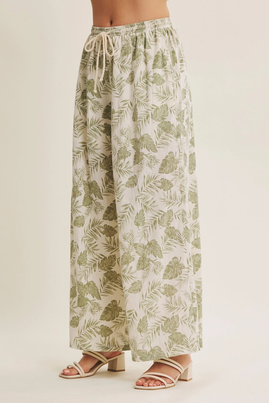 Dusty Sage Summer Days Tropical Palm Leaf Wide-Leg Woven Pants