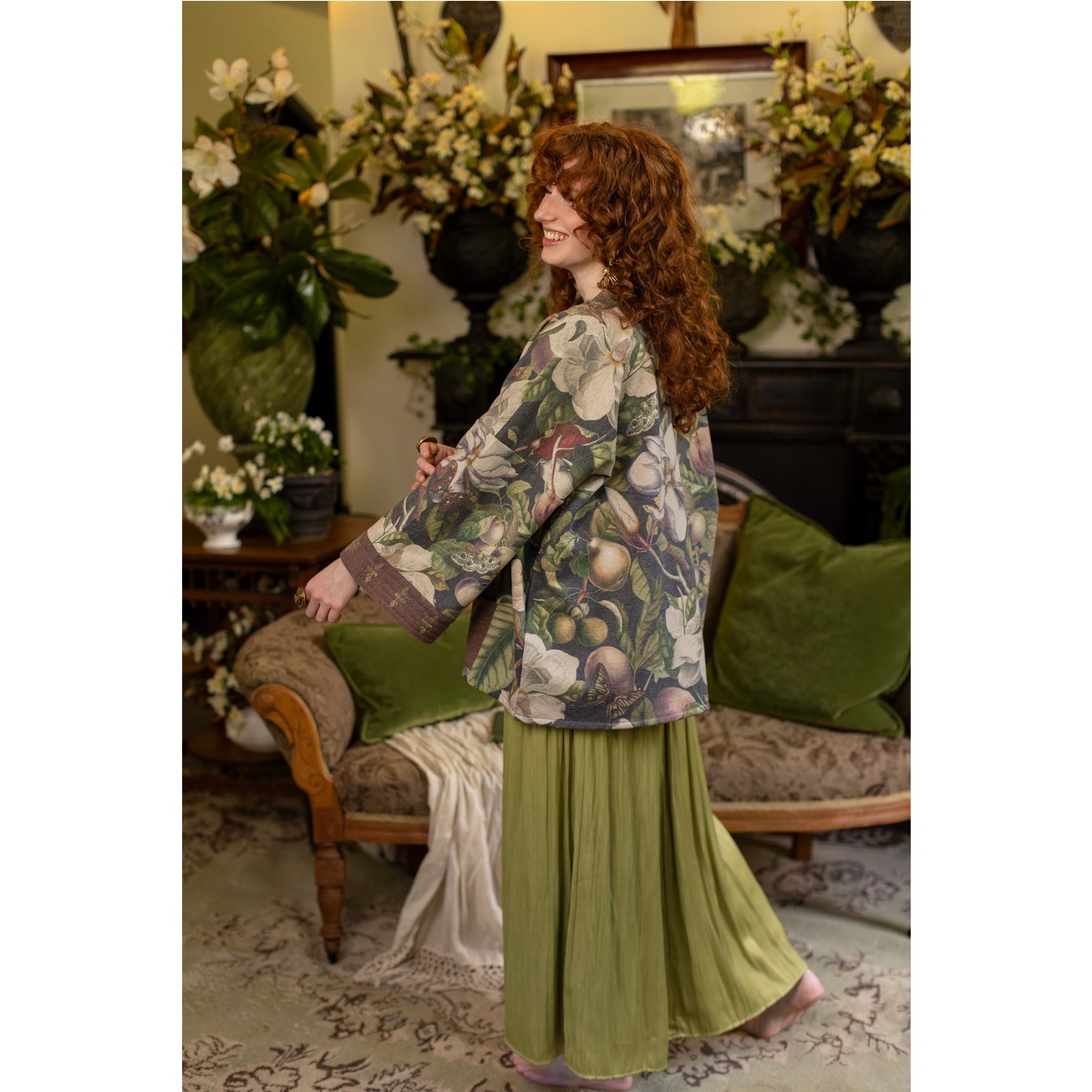 Fleur De Lune Fleece Cottage Cardigan Jacket w/ Floral Print