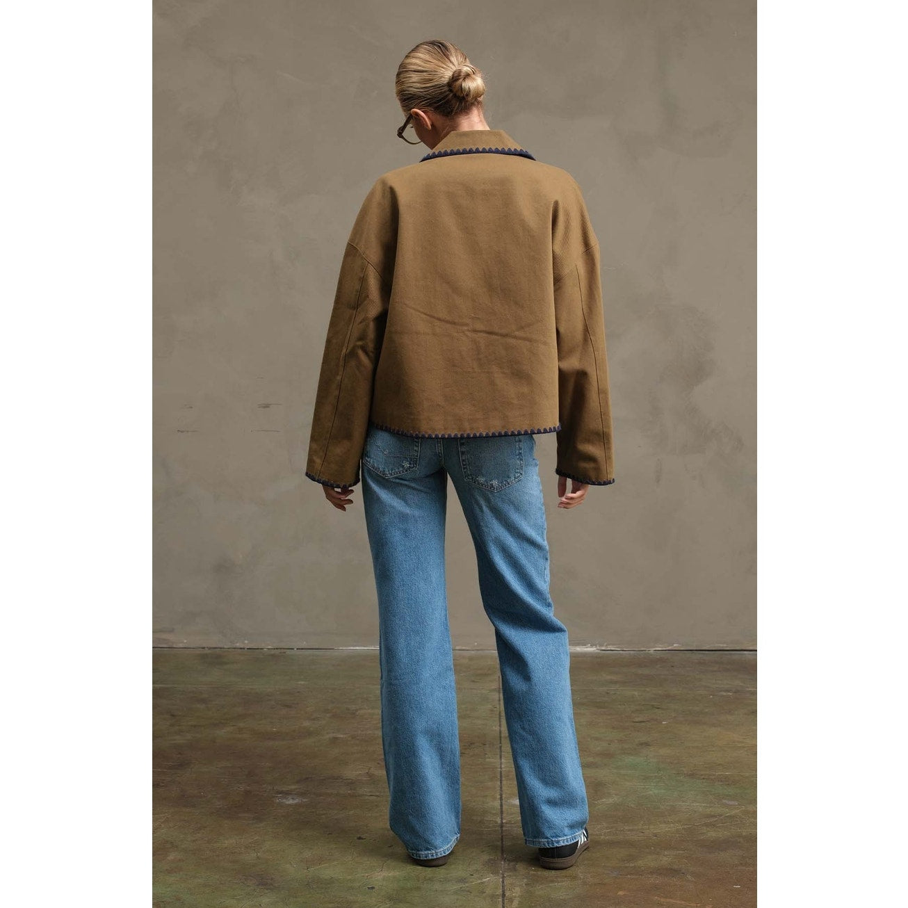 Olive Collar Jacket with Contrast Stitching