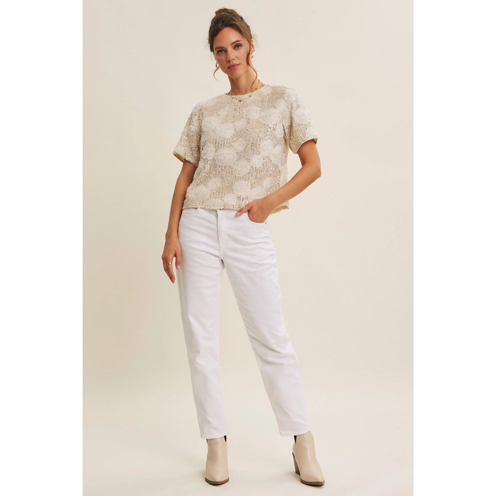 Light-Catching Elevated Shine Sequin 3D Floral Oversized Top