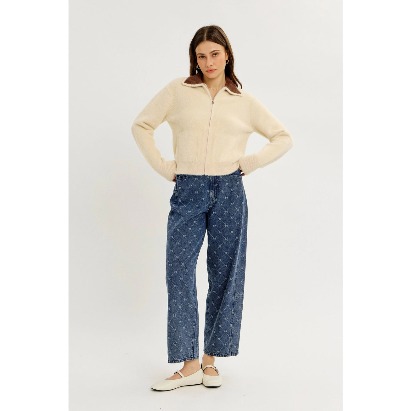 Washed Denim Barrel Pants in Bow-Textured Detail