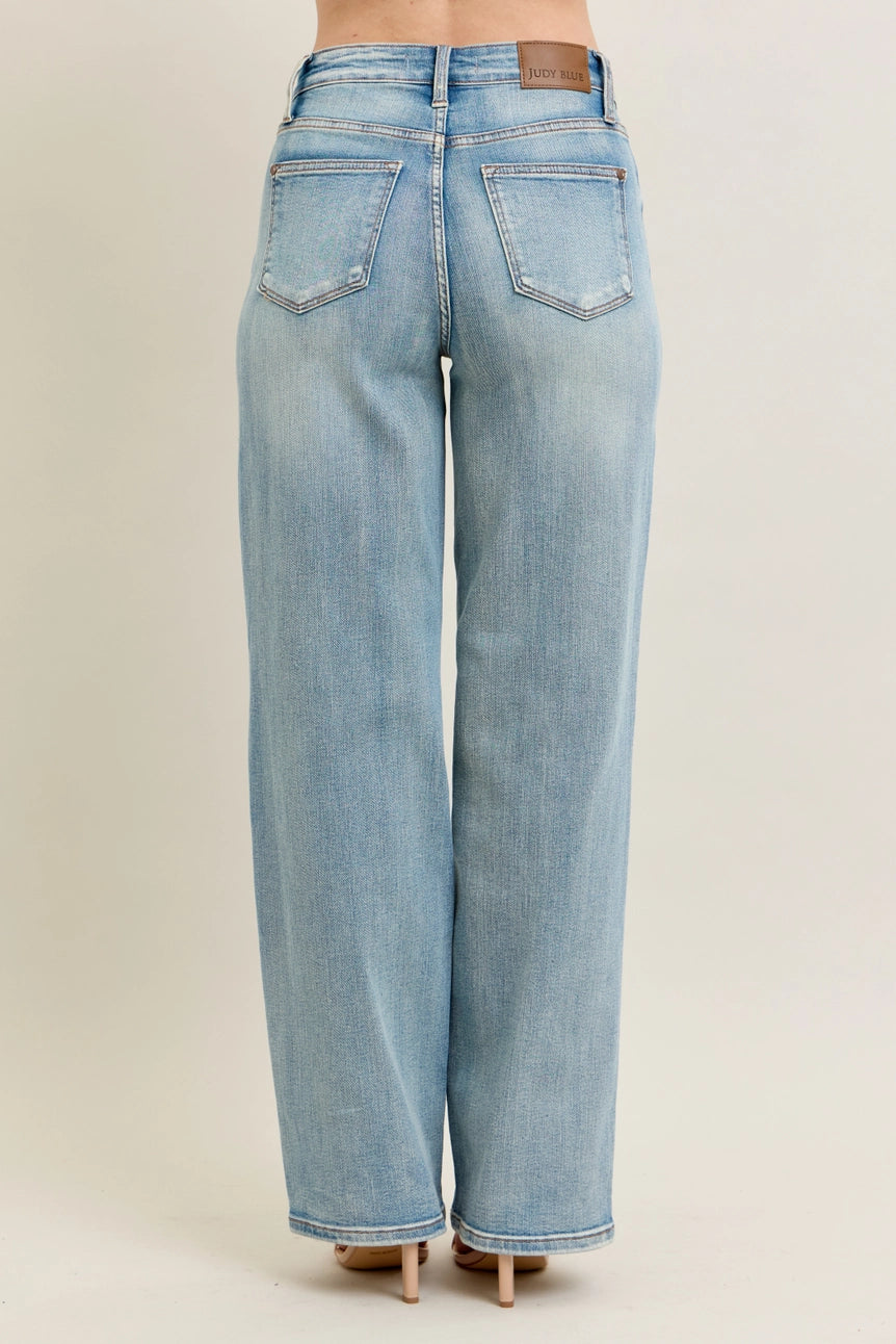 High Waisted Distressed & Knee Patch Straight Jeans
