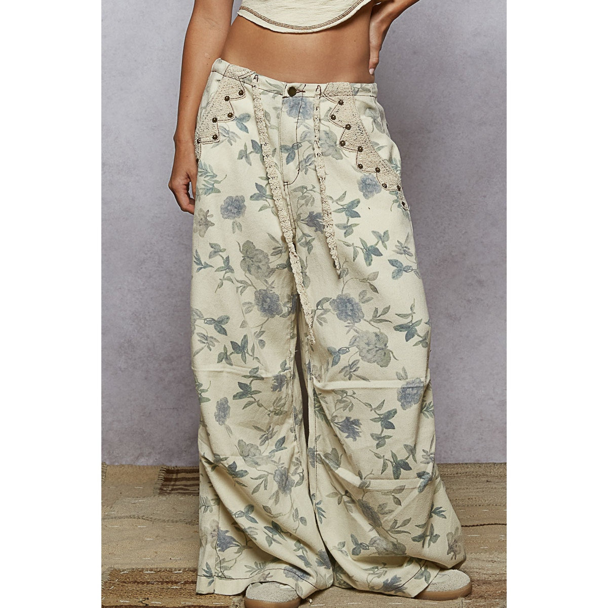 Cream Floral Lace Drawstring Detail Printed Twill Woven Pants