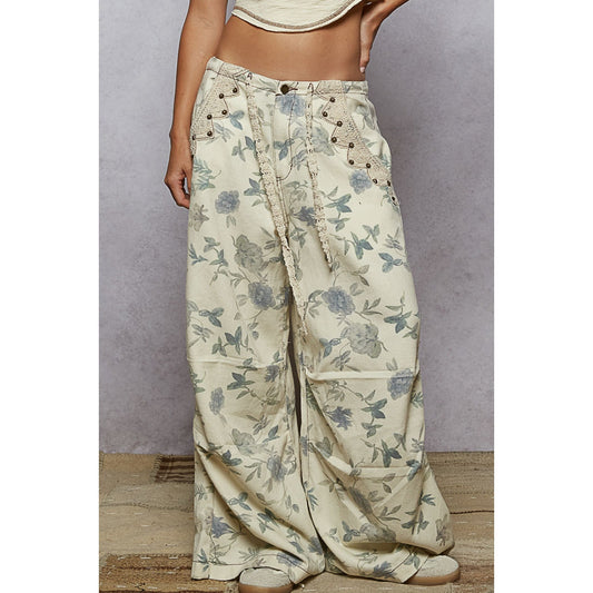 Cream Floral Lace Drawstring Detail Printed Twill Woven Pants