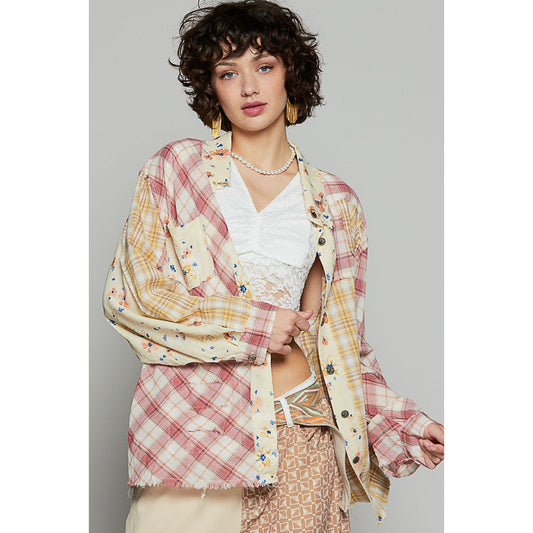 Mauve Full Sleeve Floral Pattern Woven Plaid Shirt