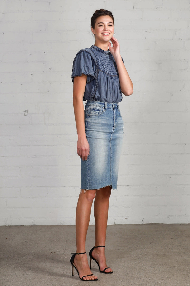 Insane Gene High Rise Stretch Raw Hem Knee Length Denim Skirt