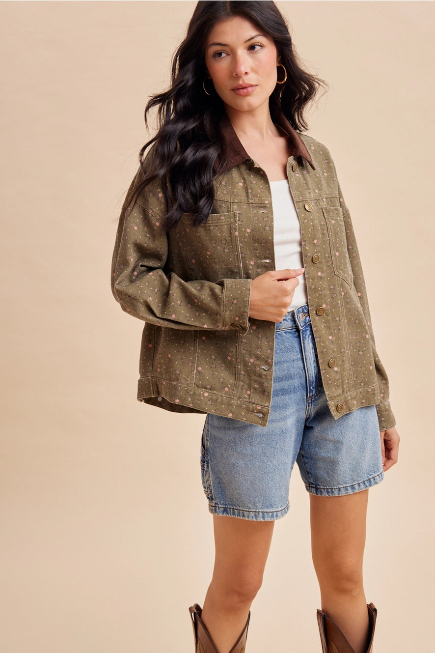 Floral Contrast Collar Shacket