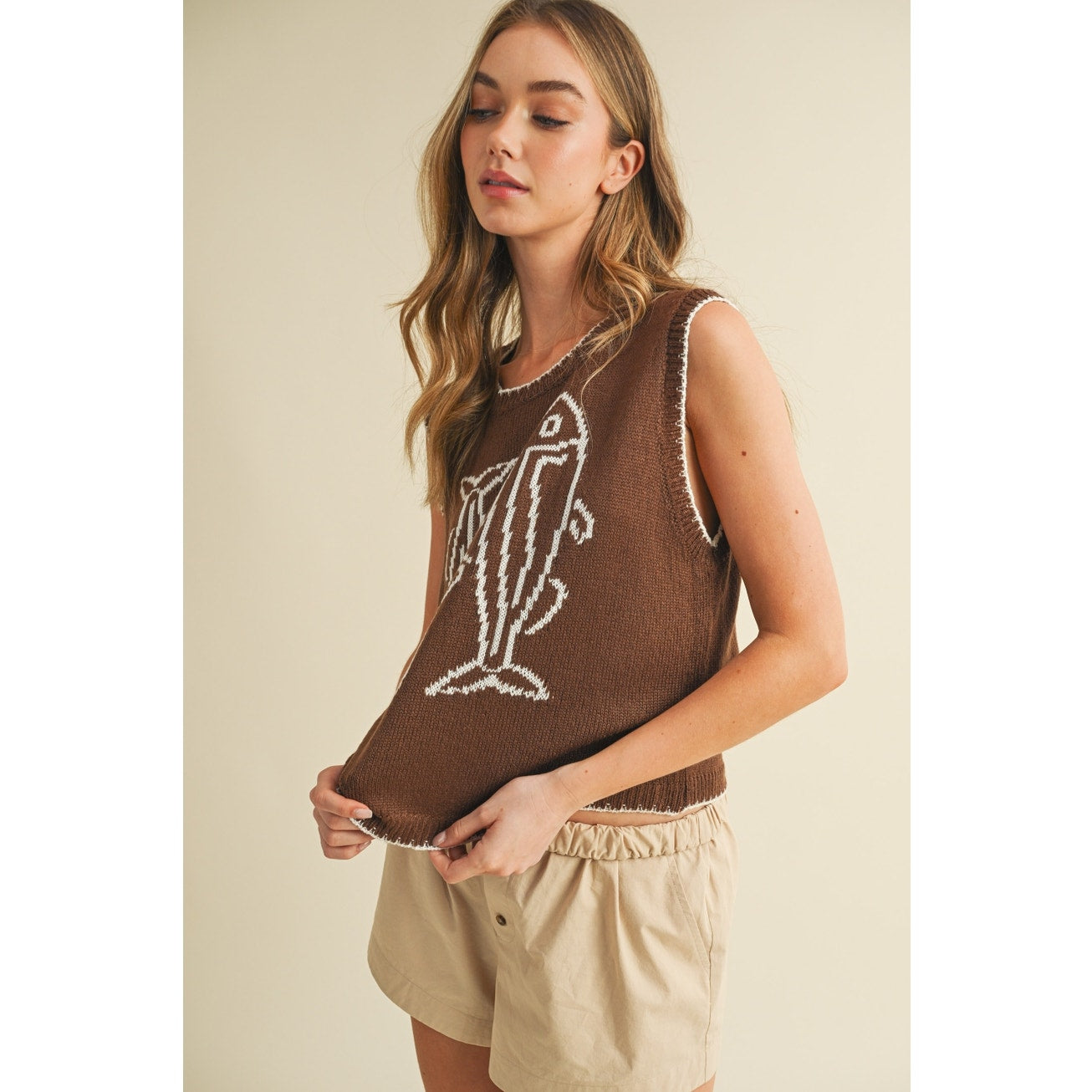 Brown & Cream Fish Printed Sleeveless Sweater Top