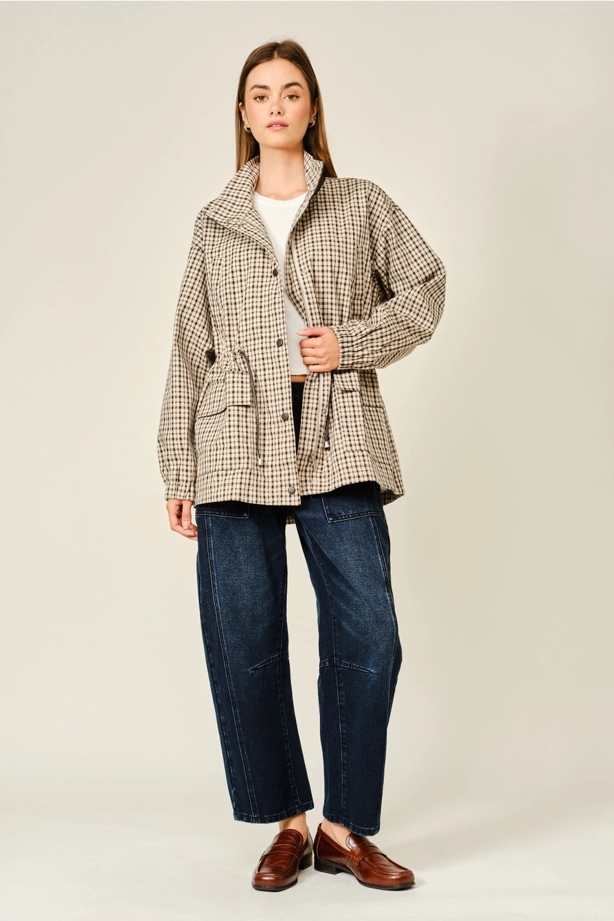 Plaid Faux Leather Mock Neck Detail Jacket