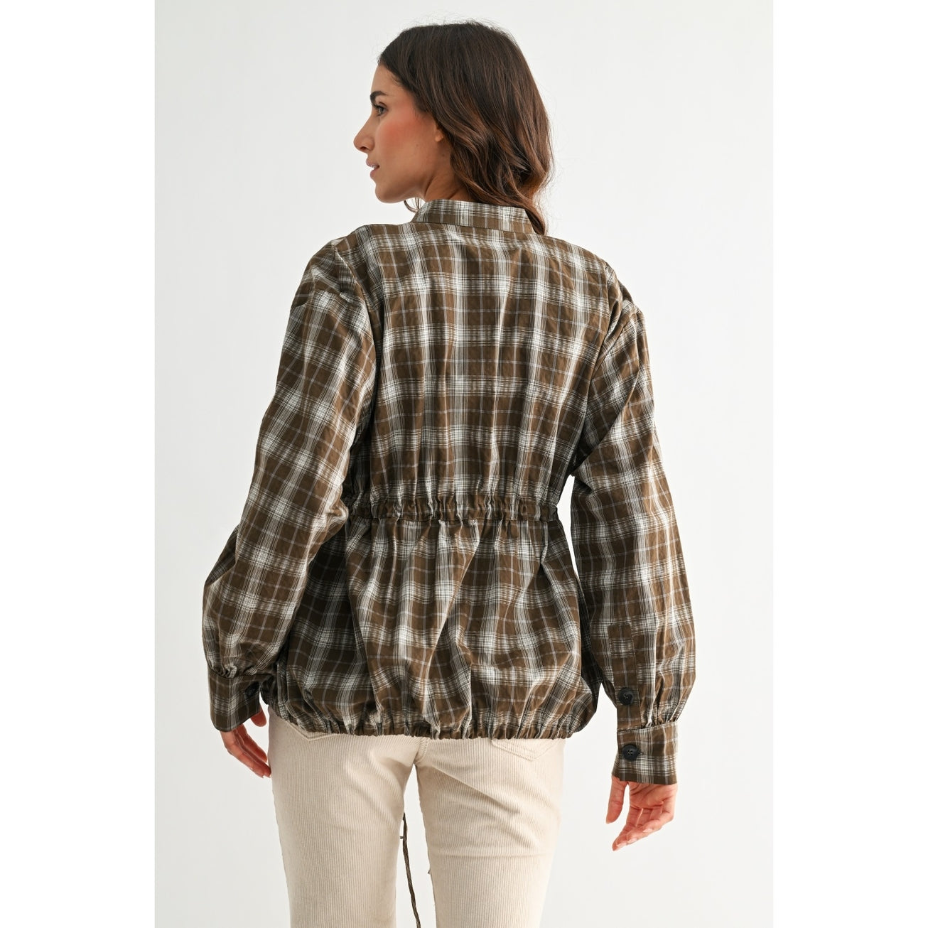 Olive Plaid Drawstring-Waist Jacket