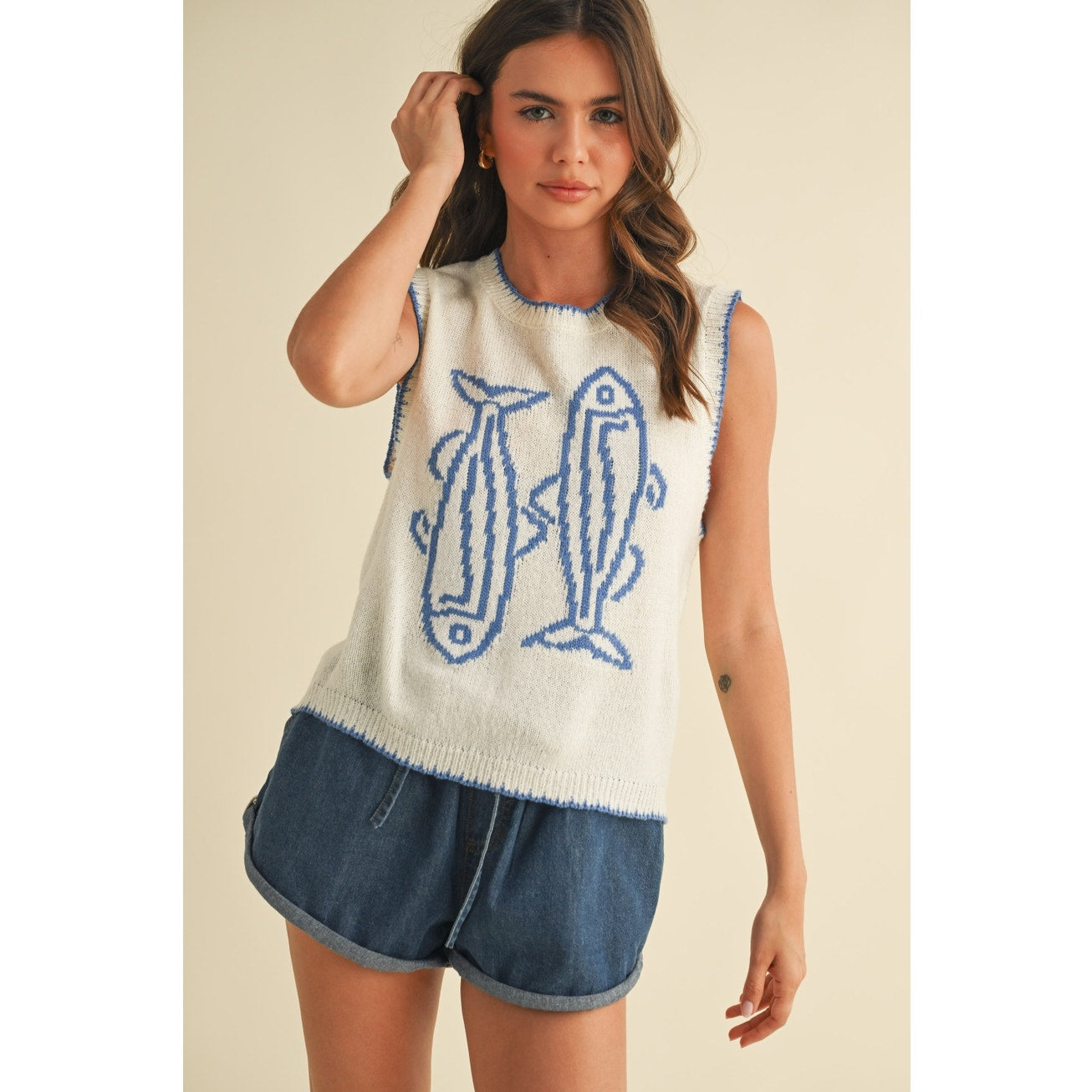 Blue & Cream Fish Printed Sleeveless Sweater Top