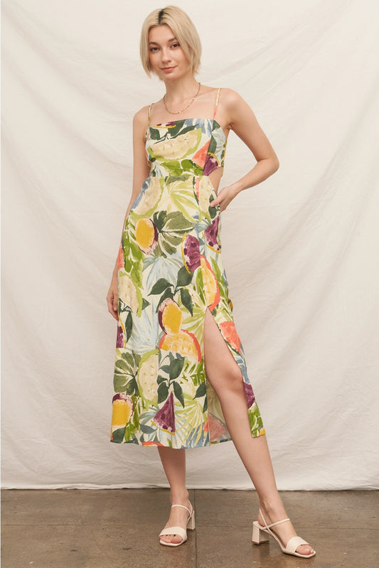 Tropical Fruit Print Sleeveless Midi Dress with Tie-Back