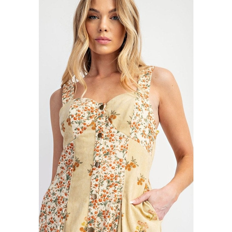 Golden Sand Floral Corduroy Midi Dress