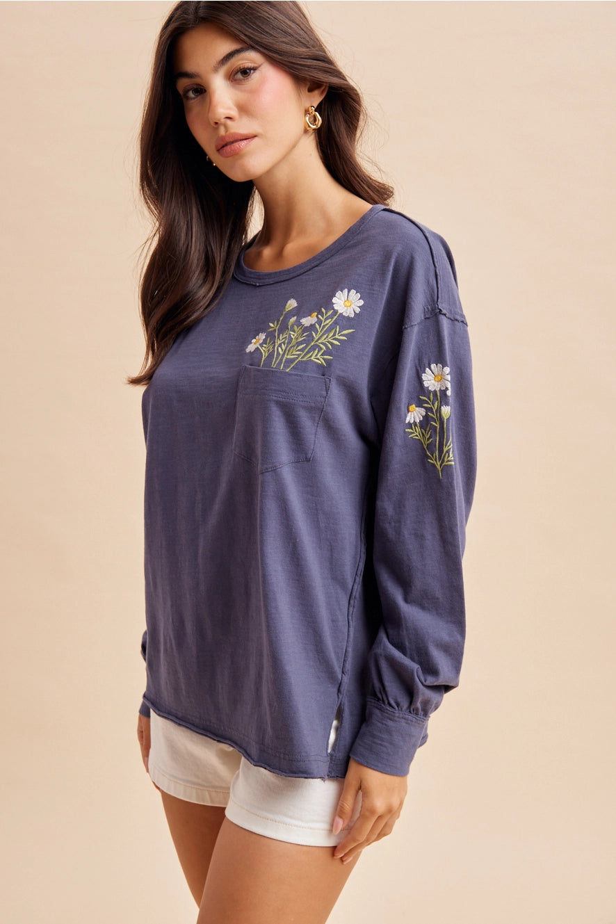 Embroidered Long Sleeve Pullover - Charcoal Denim