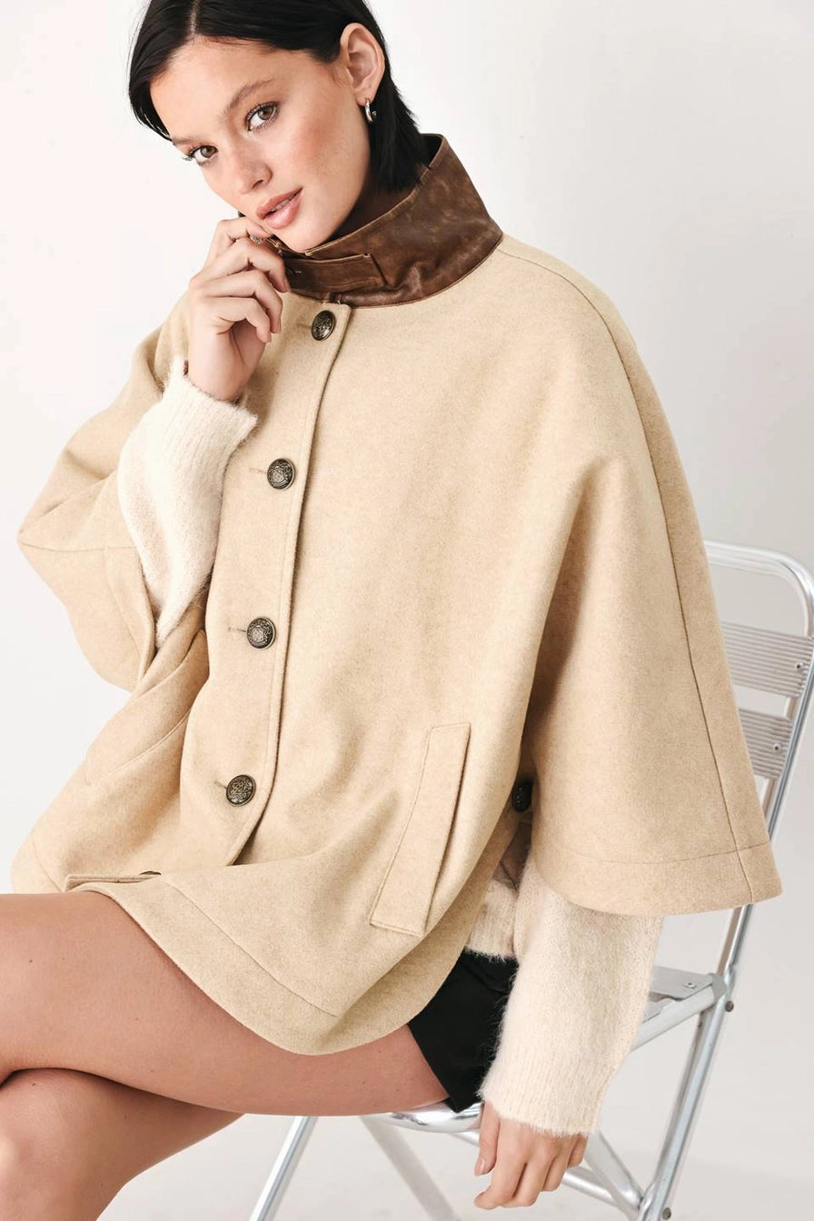Taupe Solid Woven Capelet Jacket