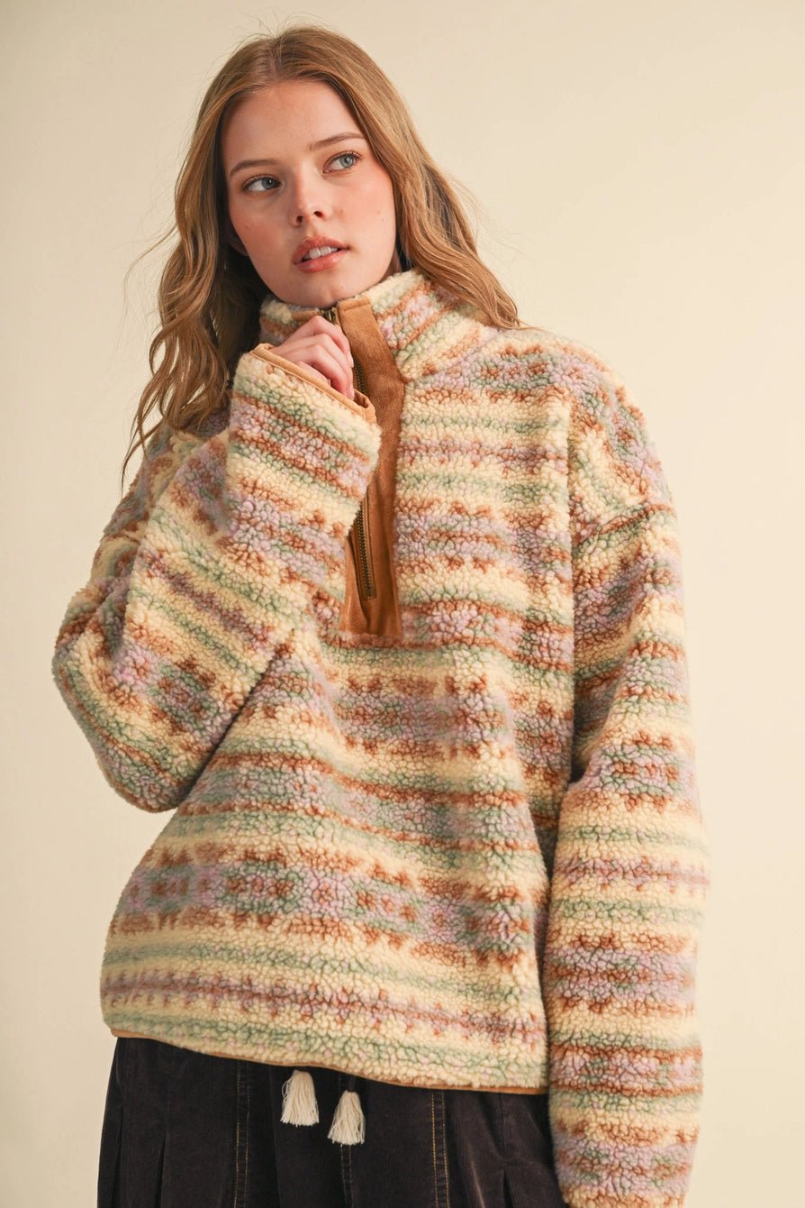 Faux Sherpa Aztec Pattern Half Zip Pullover