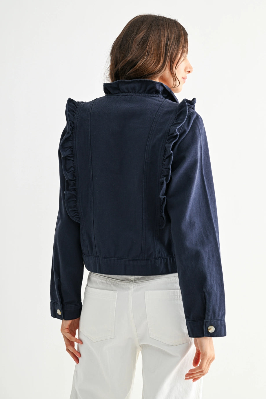Navy Ruffled Button-Up Denim Jacket