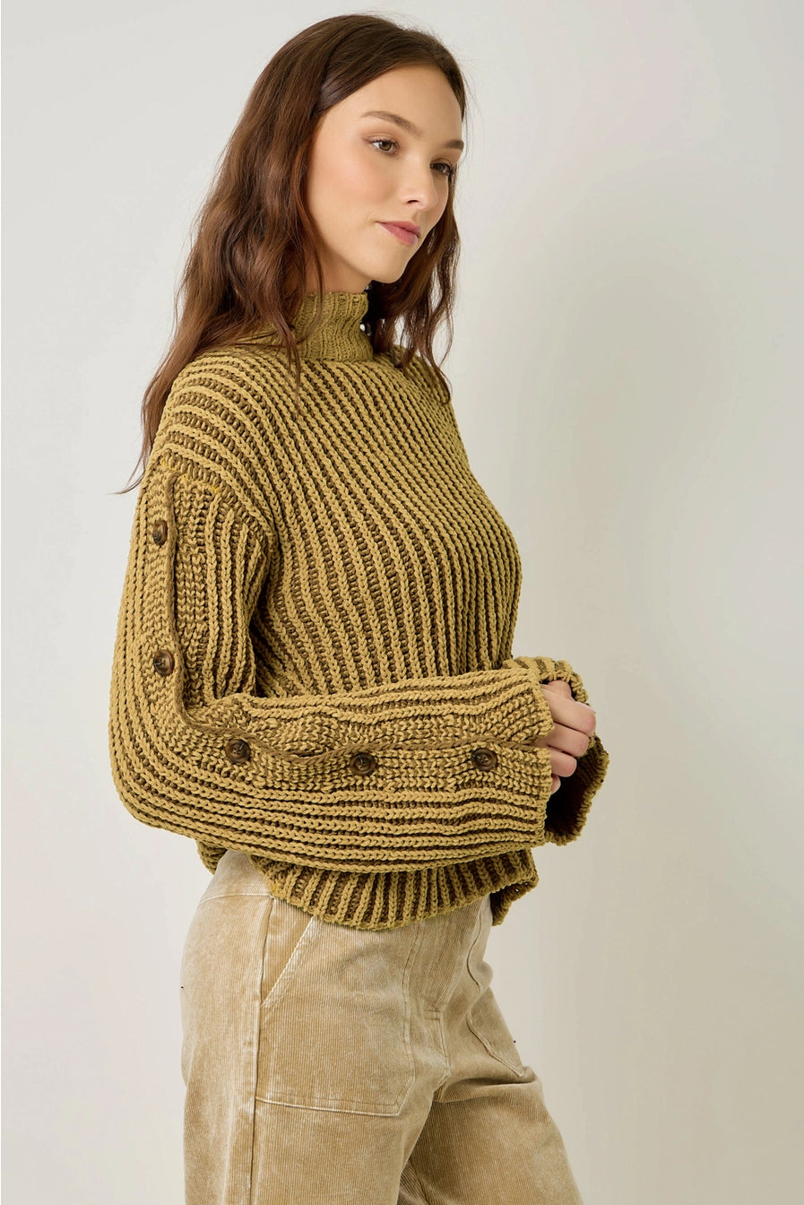 Mustard Velvety Two-Tone Sleeve Buttoned Sweater