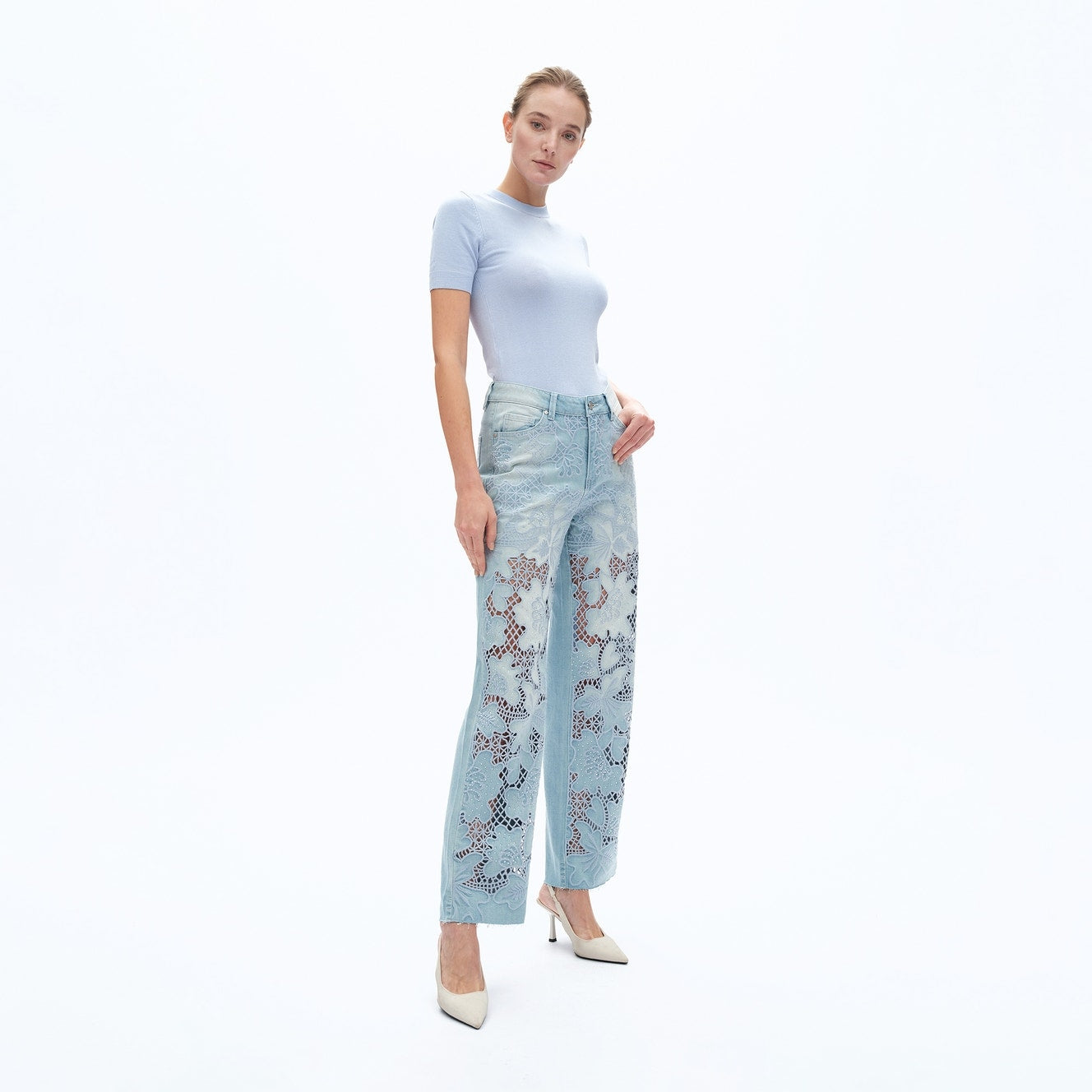High Rise Straight Leg Cutout Embroidered Jeans with Raw Hem