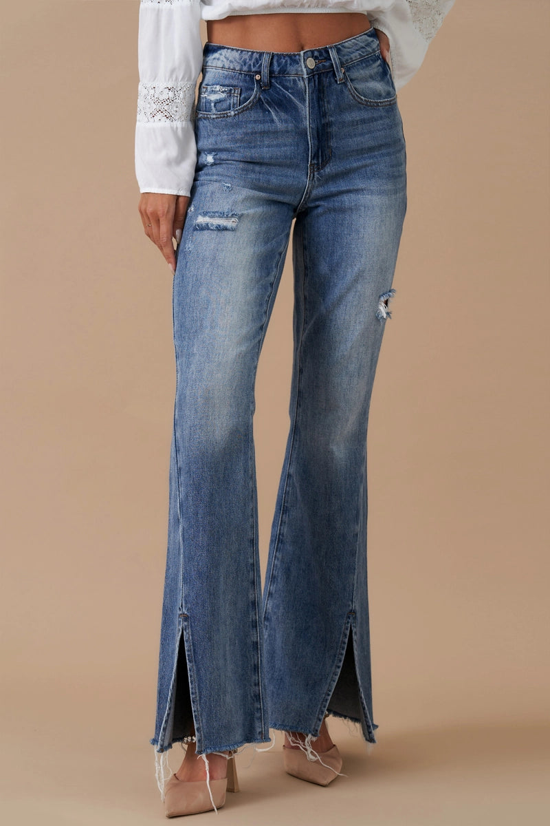 Insane Gene High Rise Front Slit Flare Distressed Denim
