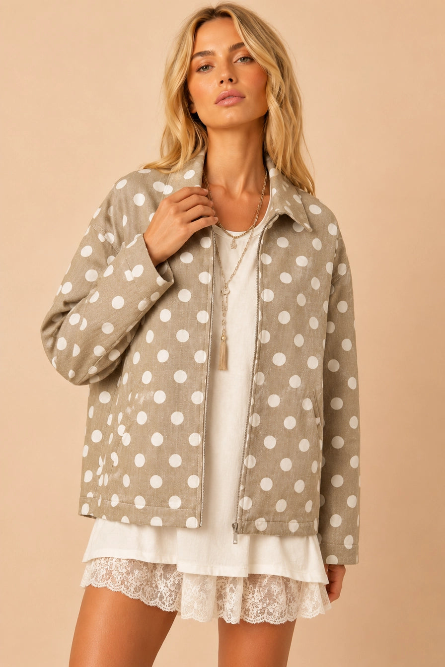 Taupe Polka Dot Twill Zip-Up Jacket