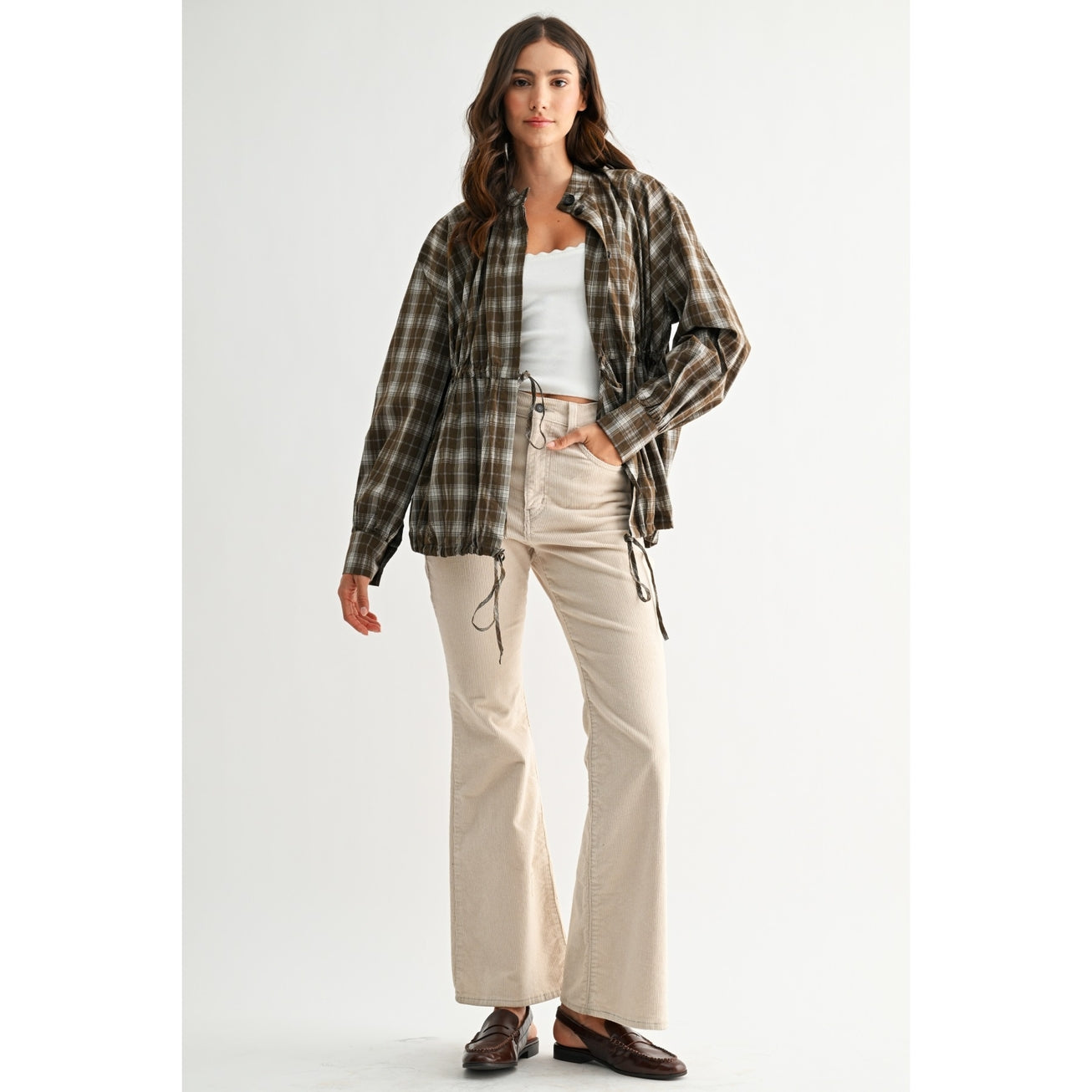 Olive Plaid Drawstring-Waist Jacket