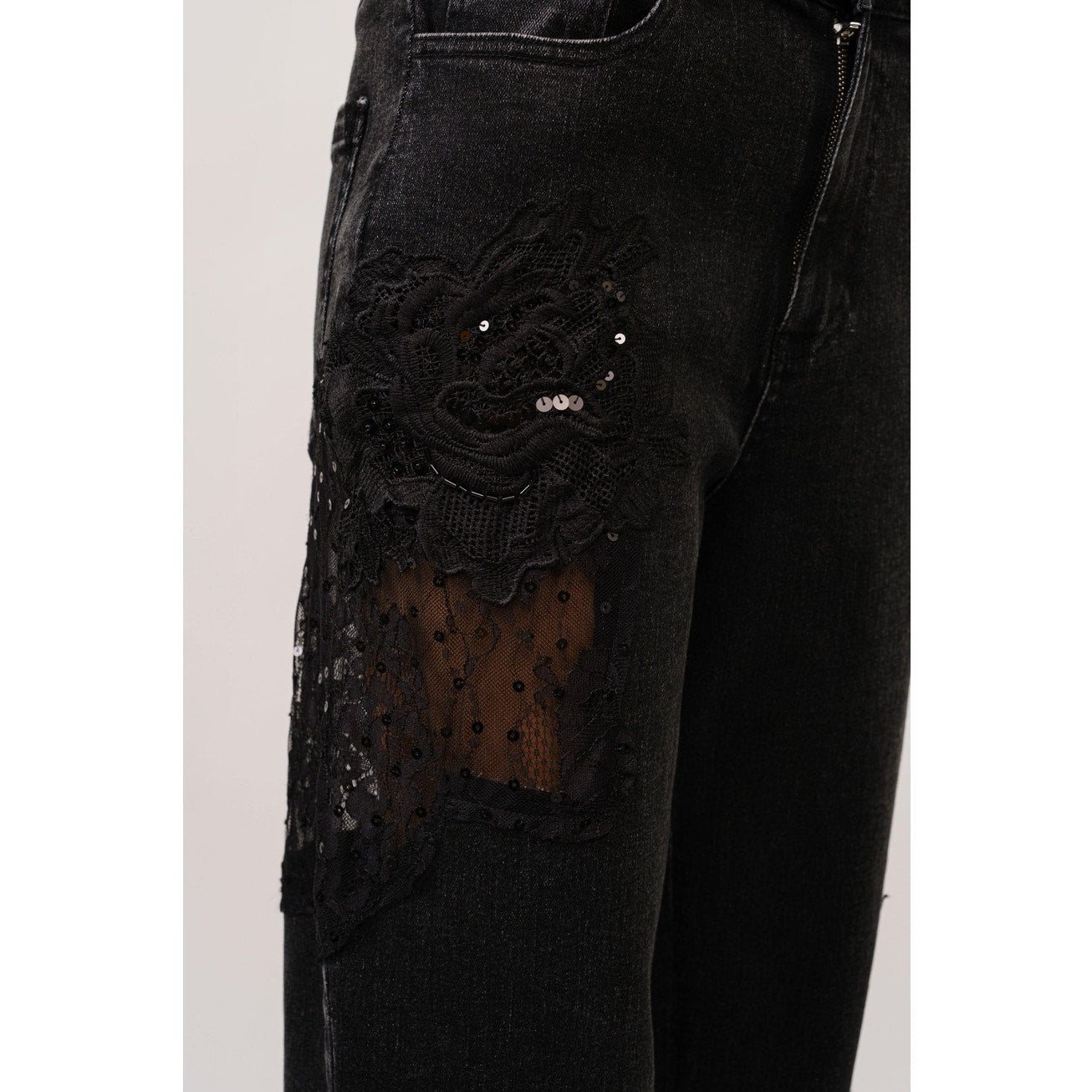 Black Lace Patchwork Straight Leg Jeans