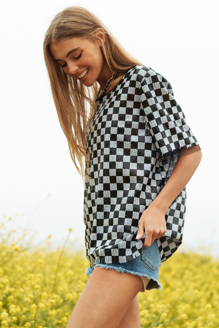 Sequin Checkerboard Straight Short Sleeve Top in Black / White