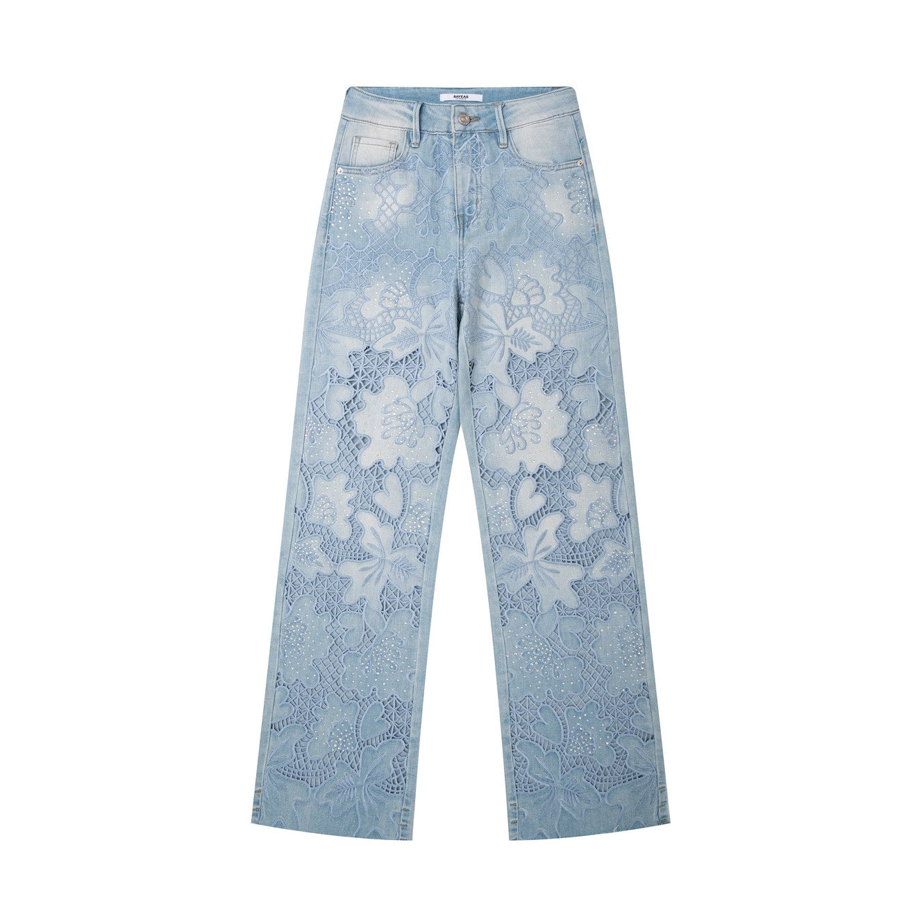 High Rise Straight Leg Cutout Embroidered Jeans with Raw Hem