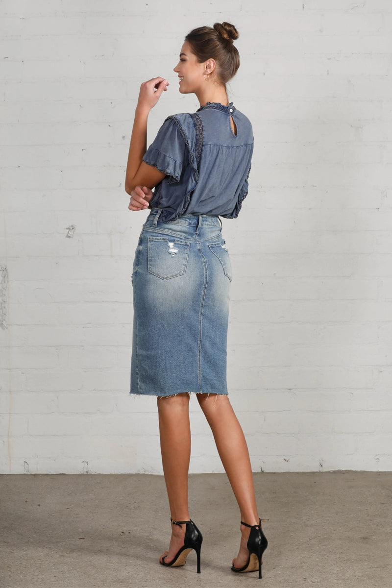 Insane Gene High Rise Stretch Raw Hem Knee Length Denim Skirt