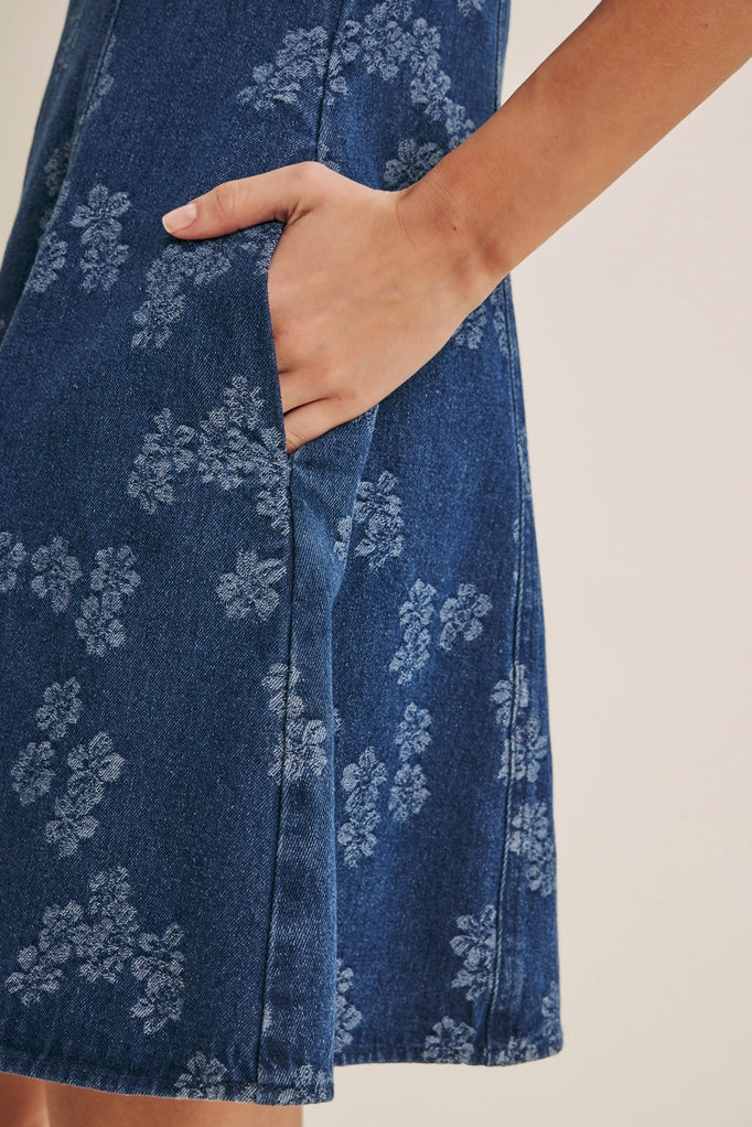 Mineral-Washed Floral Denim Fit and Flare Mini