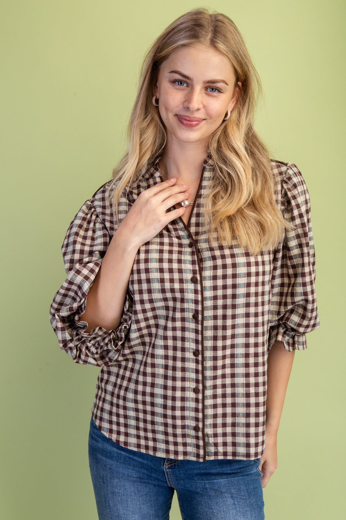 Check Print Button Down Balloon Sleeve Blouse