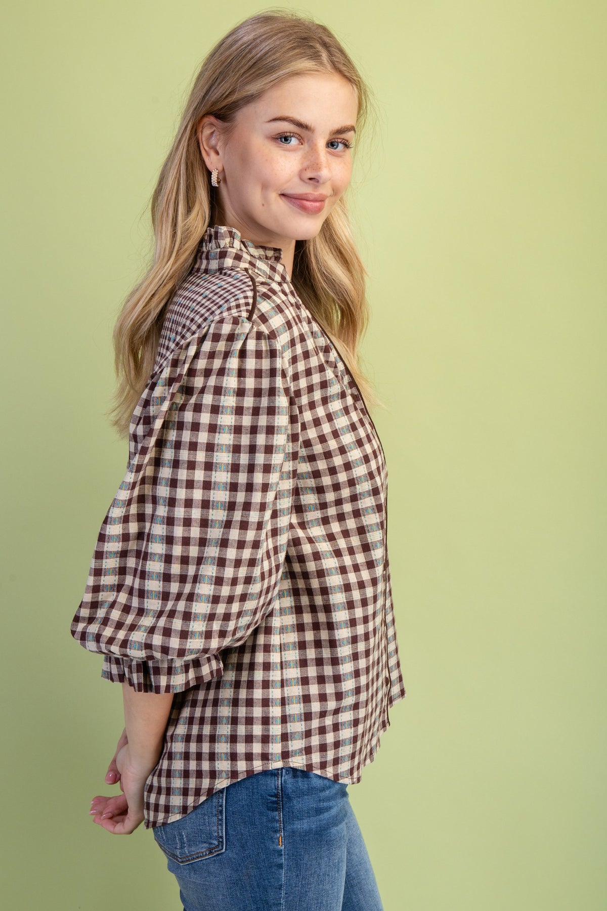 Check Print Button Down Balloon Sleeve Blouse