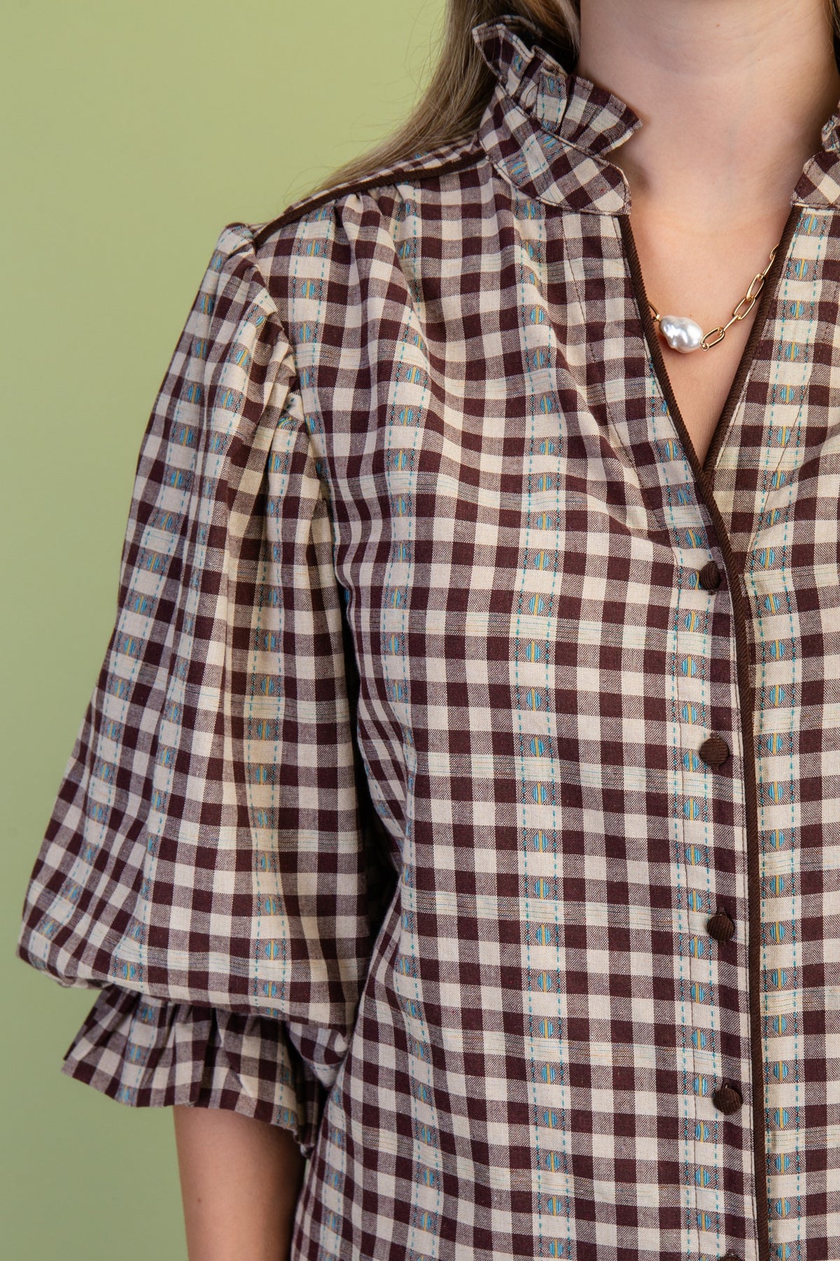 Check Print Button Down Balloon Sleeve Blouse